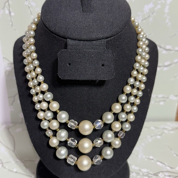 Jewelry - VTG Necklace Multi-Strand Signed JAPAN Gold Tone Faux Pearl Shepherd Hook Estate
